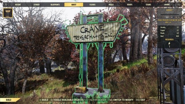 Build the "Crane Treasure Hunting Inc." sign at your C.A.M.P. (Category: Quest)