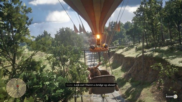 Use the rope to pick up Sadie / Help Sadie into the Hot Air Balloon
