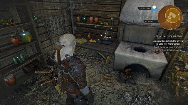 Look around inside the hut for a frying pan using your Witcher Senses.