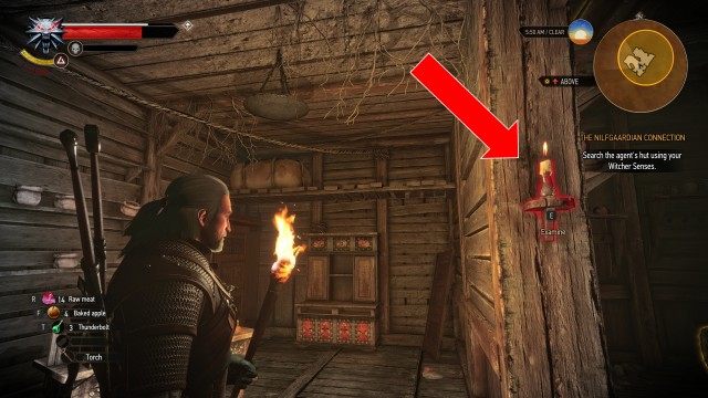 Search the agent's hut using your Witcher Senses.