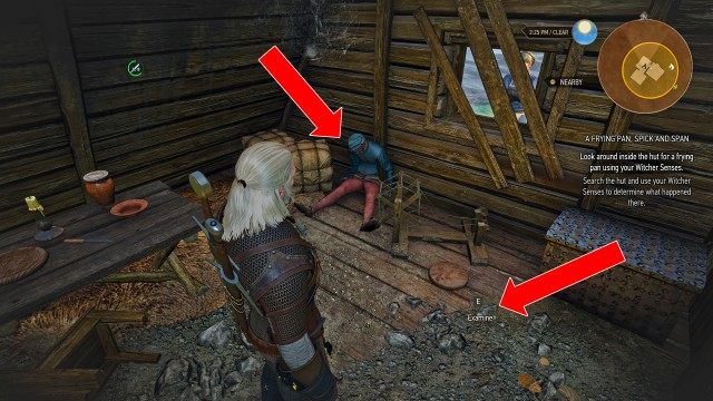 Search the hut and use your Witcher Senses to determine what happened there.