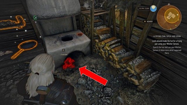 Search the hut and use your Witcher Senses to determine what happened there.