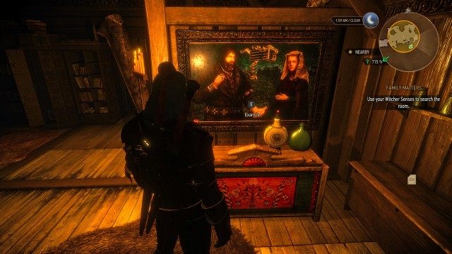 Follow the baron. / Use your Witcher Senses to search the room.