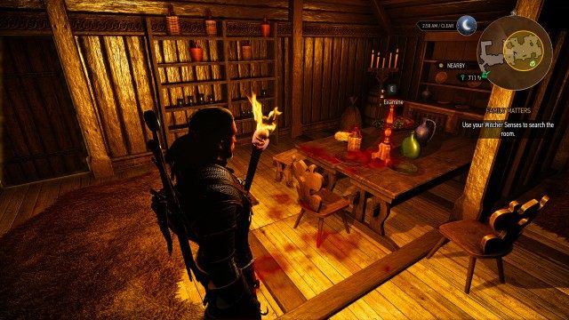 Follow the baron. / Use your Witcher Senses to search the room.