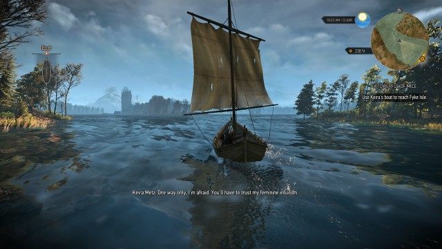 Find a way to get to Fyke Isle. / Use Keira's boat to reach Fyke Isle.