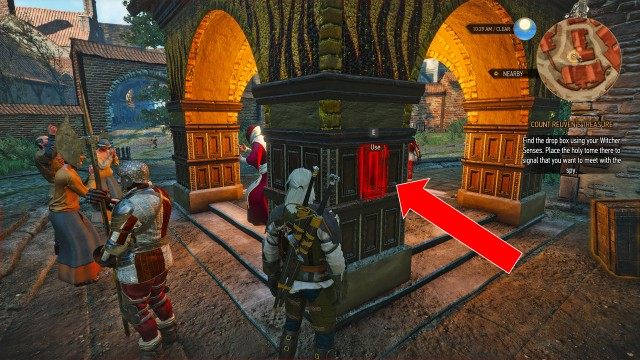 (Optional) Find the drop box using your Witcher Senses. Place the holy tome there to signal that you want to meet with the spy.