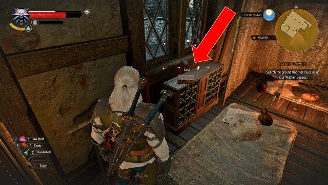 Search the ground floor for clues using your Witcher Senses.