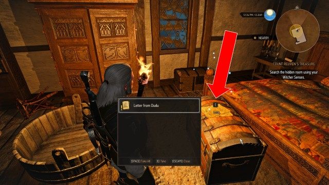 Investigate the other room using your Witcher Senses. / Search the hidden room using your Witcher Senses.