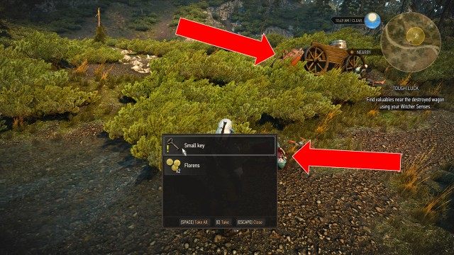 Find valuables near the destroyed wagon using your Witcher Senses.