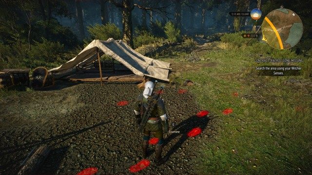 Go to the abandoned camp. / Search the area using your Witcher Senses.