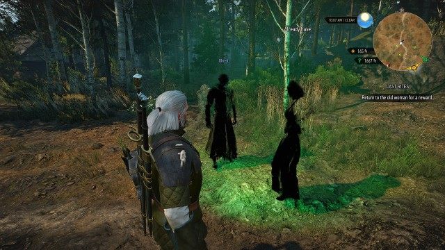 Find the old woman's husband's grave using your Witcher Senses. / Place the ring on the grave.