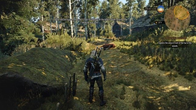 Use your Witcher Senses to pick up the trail. / Ask if anyone from the camp has seen Dandelion's abductor.