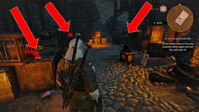 Use your Witcher Senses to find crates containing crafting supplies and mark them with chalk. 0/3