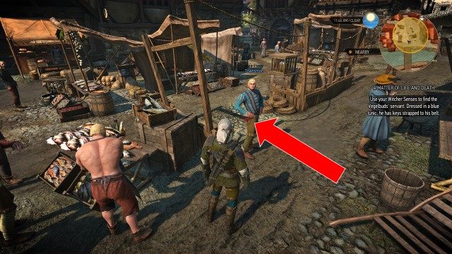 Meet the Vegelbuds' servant at the fishmarket. He's wearing a blue shirt and has keys hanging from his belt. / Use your Witcher Senses to find the Vegelbuds' servant. Dressed in a blue tunic, he has keys strapped to his belt.