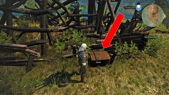 Find the valuables in the burned-down home using your Witcher Senses.