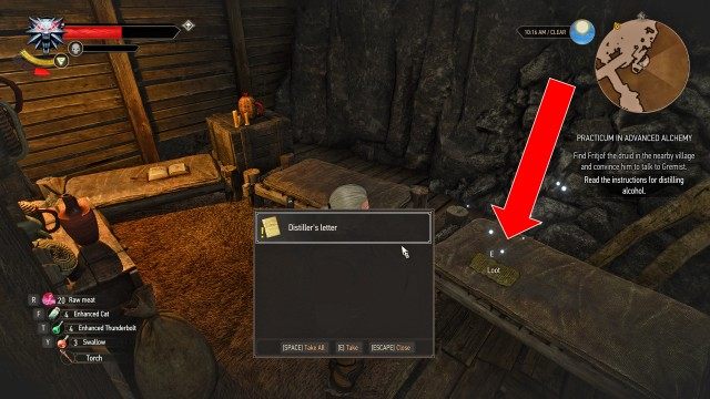 Use your Witcher Senses to search the distillery for instructions on how to produce alcohol.
