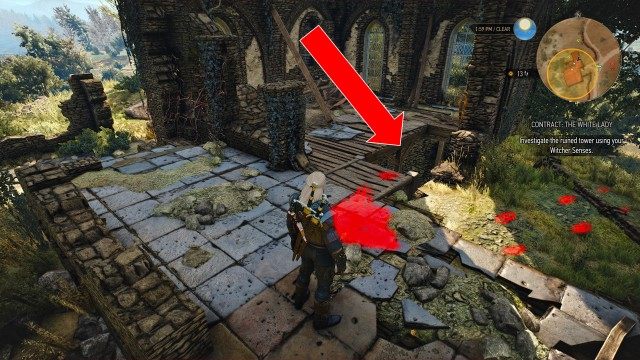Follow the tracks using your Witcher Senses. / Investigate the ruined tower using your Witcher Senses.