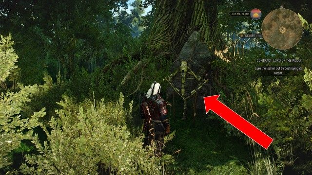 Use your Witcher Senses to follow the sounds and find the leshen's totem. / Lure the leshen out by destroying its totem.