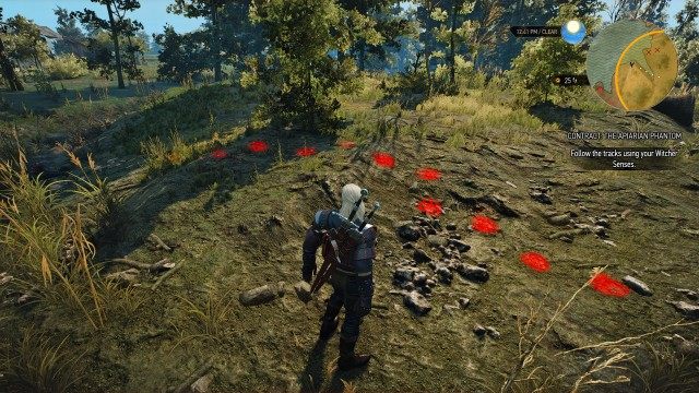 Follow the footprints using your Witcher Senses. / Search the area around the lake using your Witcher Senses.