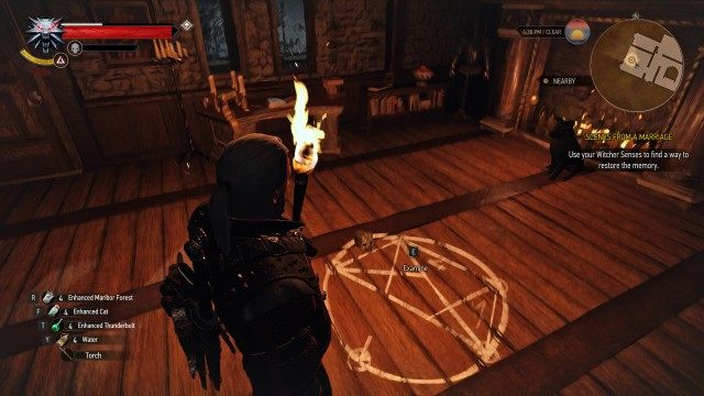 Go to Olgierd's study. / Use your Witcher Senses to find a way to restore the memory./ Look around for candles and chalk. / Complete the partially erased pentagram.